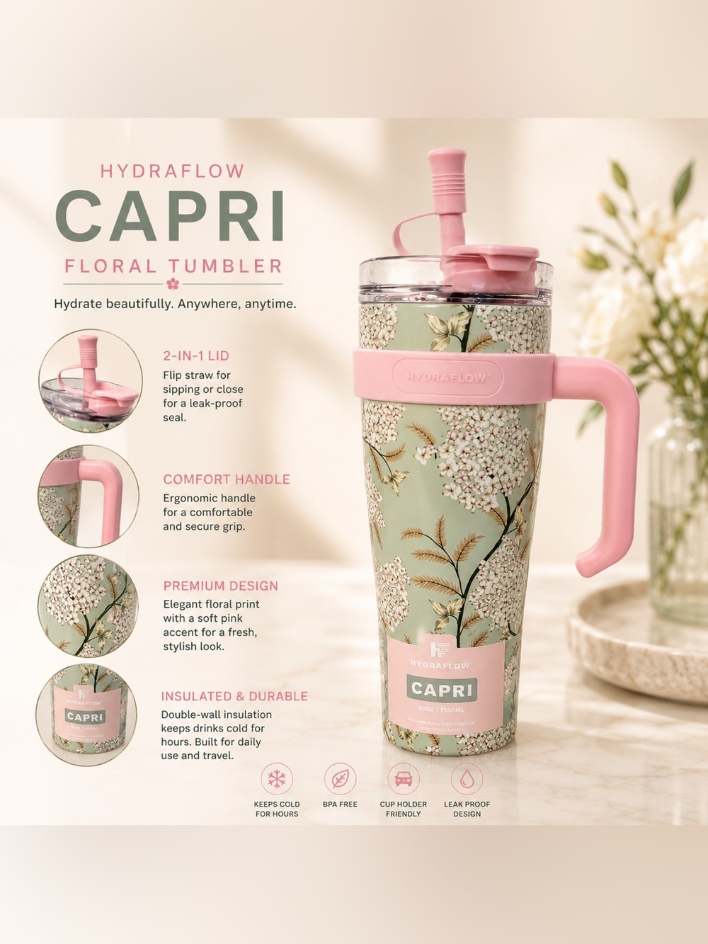Capri Floral Insulated Tumbler - Pink and Green💚💞